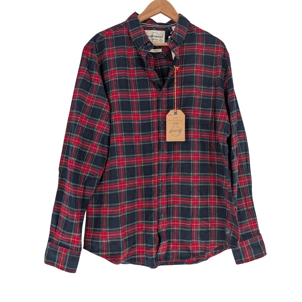 Weatherproof Vintage Mens Holiday Tartan Plaid Button Down Shirt Blue Nights‎ L